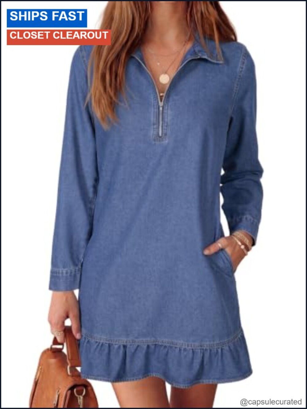 Dokotoo Cotton Blend Long Sleeve A-Line Mini Denim Dress with Pockets